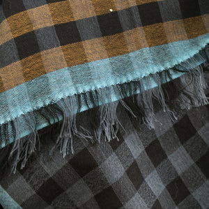 Littles Gus closeup of gingham merino wool silk neckerchief illustrating the soft, delicate fringe — © 2026 PilgrimWaters.