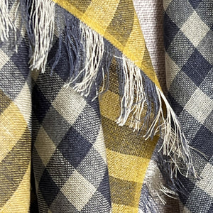 Littles Otis gingham neckerchief close-up showing yellow, and grey check with eyelash fringe — © 2026 PilgrimWaters.