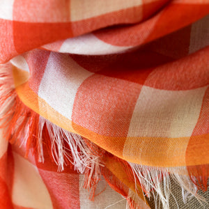 Littles Rory gingham merino wool silk neckerchief displaying a closeup of an exquisite fringe — © 2026 PilgrimWaters.