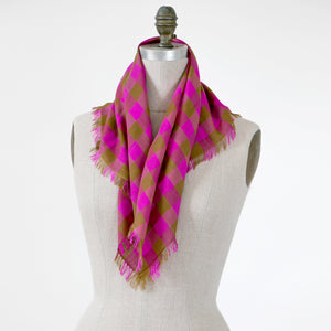 Littles Sid gingham merino wool silk neckerchief draped on a mannequin, showing four-sided fringe — © 2026 PilgrimWaters.