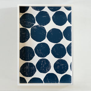 Top-down detail view of the PilgrimWaters Mini Valet tray in Blueberry print, showcasing Susy Pilgrim Waters’ organic dot design with a textured, block-print aesthetic.