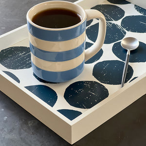Handprinted Mini Valet tray in Blueberry dark blue dot pattern featuring a striped ceramic coffee mug, handcrafted in Gloucester, MA.