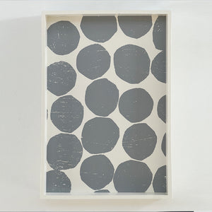 Top-down detail view of the PilgrimWaters Mini Gray Valet tray, showcasing Susy Pilgrim Waters’ organic handprinted dot pattern with a textured, block-print aesthetic