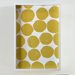 Top-down detail view of the PilgrimWaters Mini Orchre Valet tray, showcasing Susy Pilgrim Waters’ organic handprinted dot pattern by Keith with a textured, block-print aesthetic
