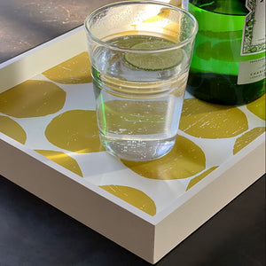 Handcrafted Ochre Mini Valet tray by PilgrimWaters, featuring a modern graphic PilgrimWaters dot interior, a glass, and a gin bottle.