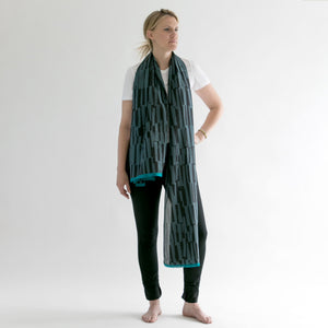 Cotton/Silk long scarf Scout with Azure sari edge styled on a model.