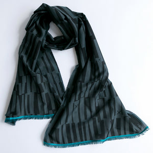 Cotton/Silk Scout design long scarf with Azure sari short edge styled in a knot.