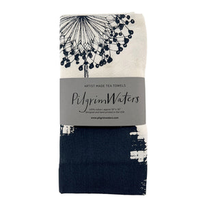 PilgrimWaters Bunny tea towel — folded, labeled, and ready to gift. Handprinted flour-sack cotton.