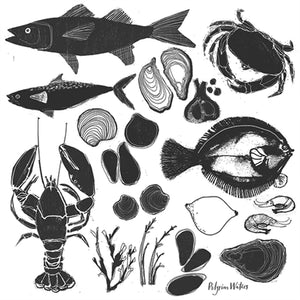 PilgrimWaters seafood tea towel design with sea creatures - fish, crab, lobster, shrimp, clams, oysters. Design by Susy Pilgrim Waters copyright 2026.