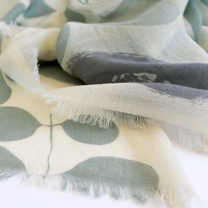 Close-up of Until Cirrus Merino Wool scarf by Susy Pilgrim Waters - handprinted botanical design PilgrimWaters.