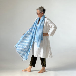 Gingham Airy large wool / silk scarf worn by a model.