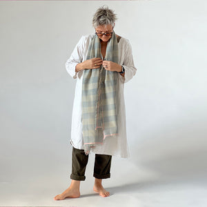 Gingham Portobello large wool / Silk scarf draped on a model.