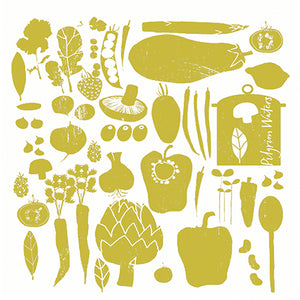 Veggie print design of green vegetables and kitchen items on a white cotton flour sack.
