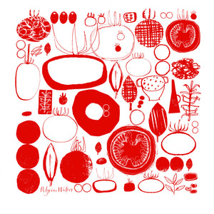 Tomatoes tea towel design by Susy Pilgrim Waters. A medley of tomoatoes. Copyright PilgrimWaters 2026.