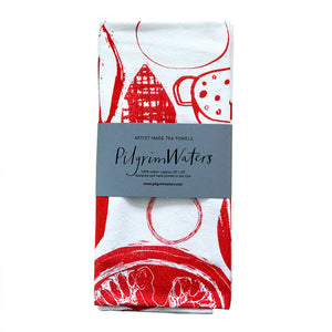 Tomatoes tea towel folded and packaged with kraft band. Copyright PilgrimWaters 2026.