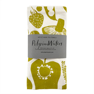 Veggie tea towel folded and banded with kraft paper. Copyright PilgrimWaters 2026.