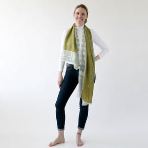 Small merino wool scarf printed with a unique abstract design by PilgrimWaters. Made in Nepal