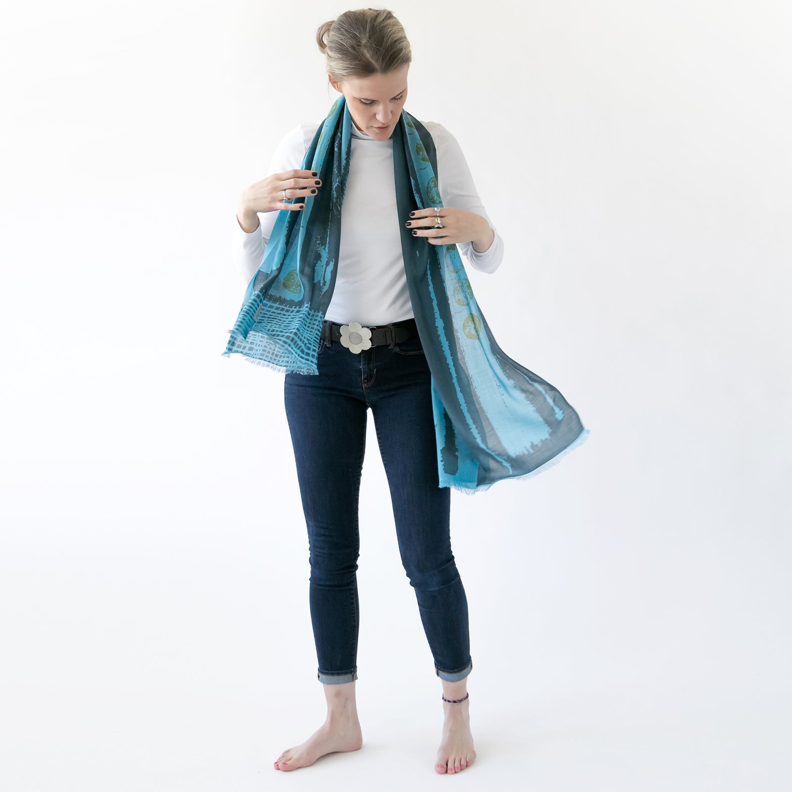 Merino small scarf called Mars, printed with a unique PilgrimWaters abstract design. 100% merino made in Nepal